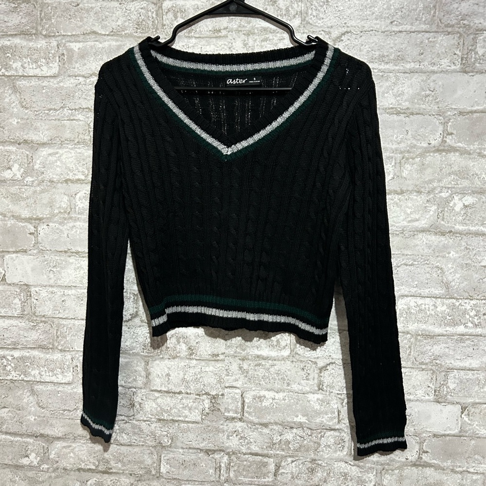 Black Sweater with Turquoise and White Stripes